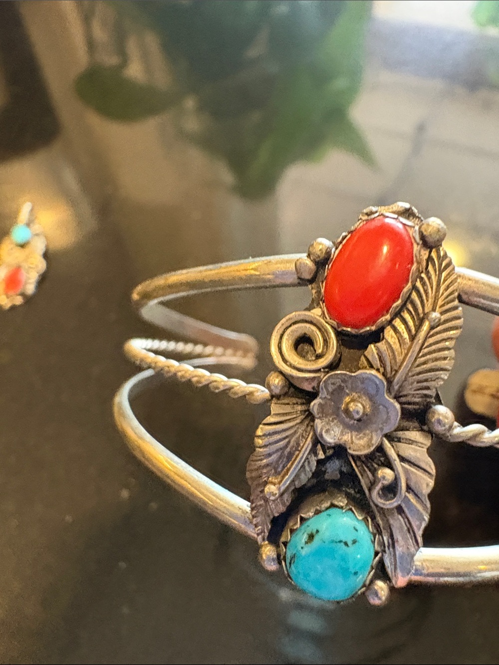 Sterling-Inspired Turquoise & Coral Triple-Row Cuff Bracelet and Pendant - Picture 2 of 7